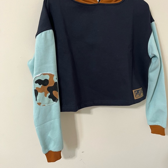 Christopher John Rogers Blue Brown Cropped Patchwork Pullover Hoodie Size Small - Picture 8 of 10